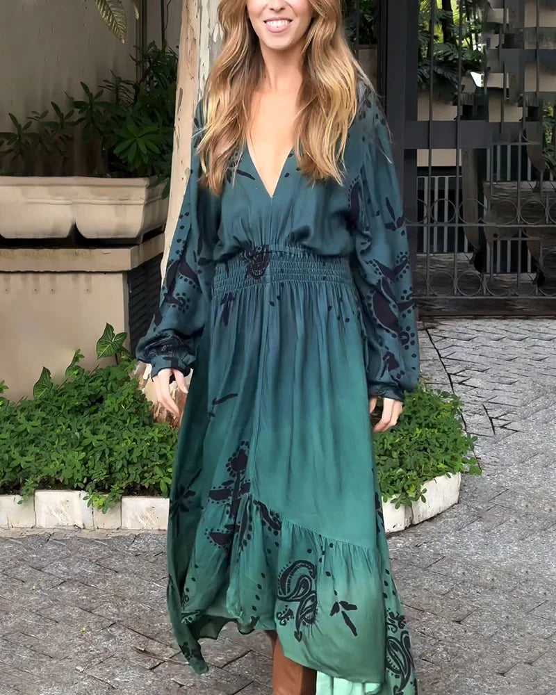 Bohemian resort V-neck printed dress - Fashionpara