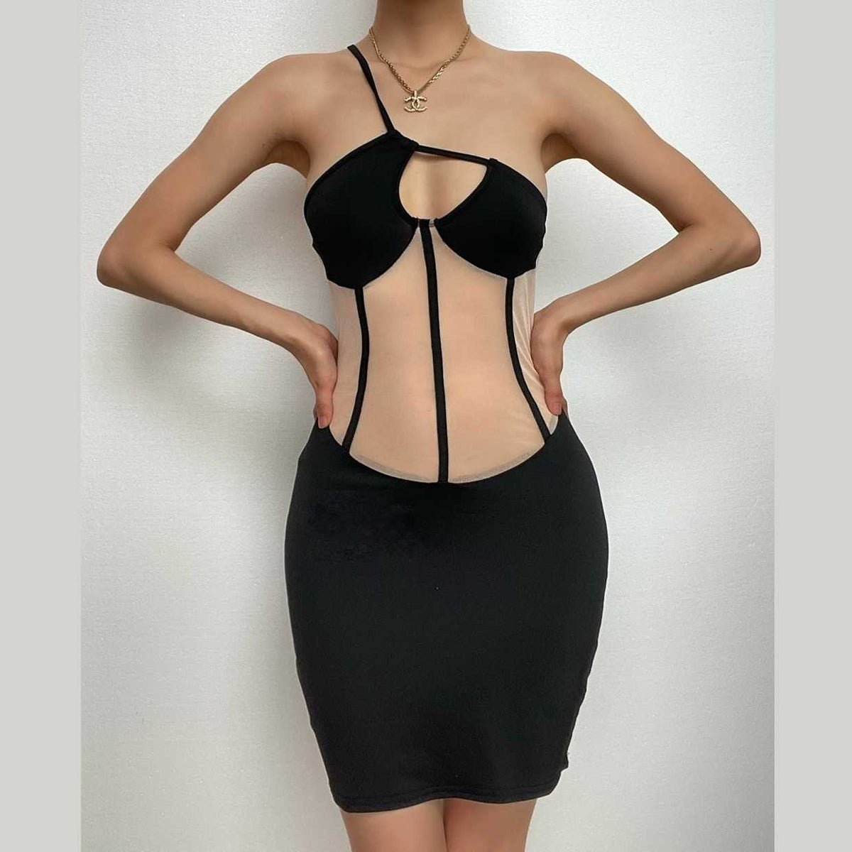 Mesh One Shoulder Cut Out Corset Bodycon Mini Dress