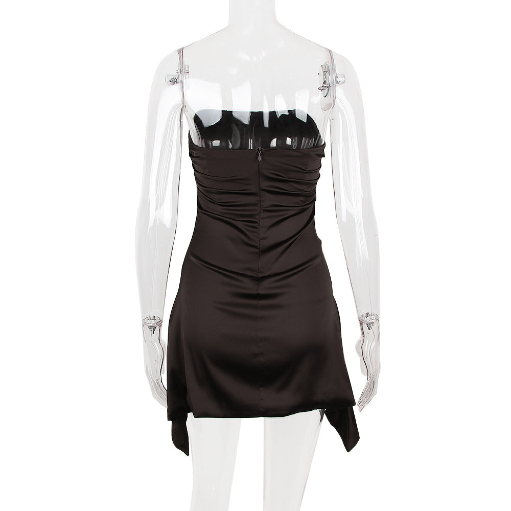 Strapless Ruched Satin Asymmetric-Hem Bodycon Mini Dress 9