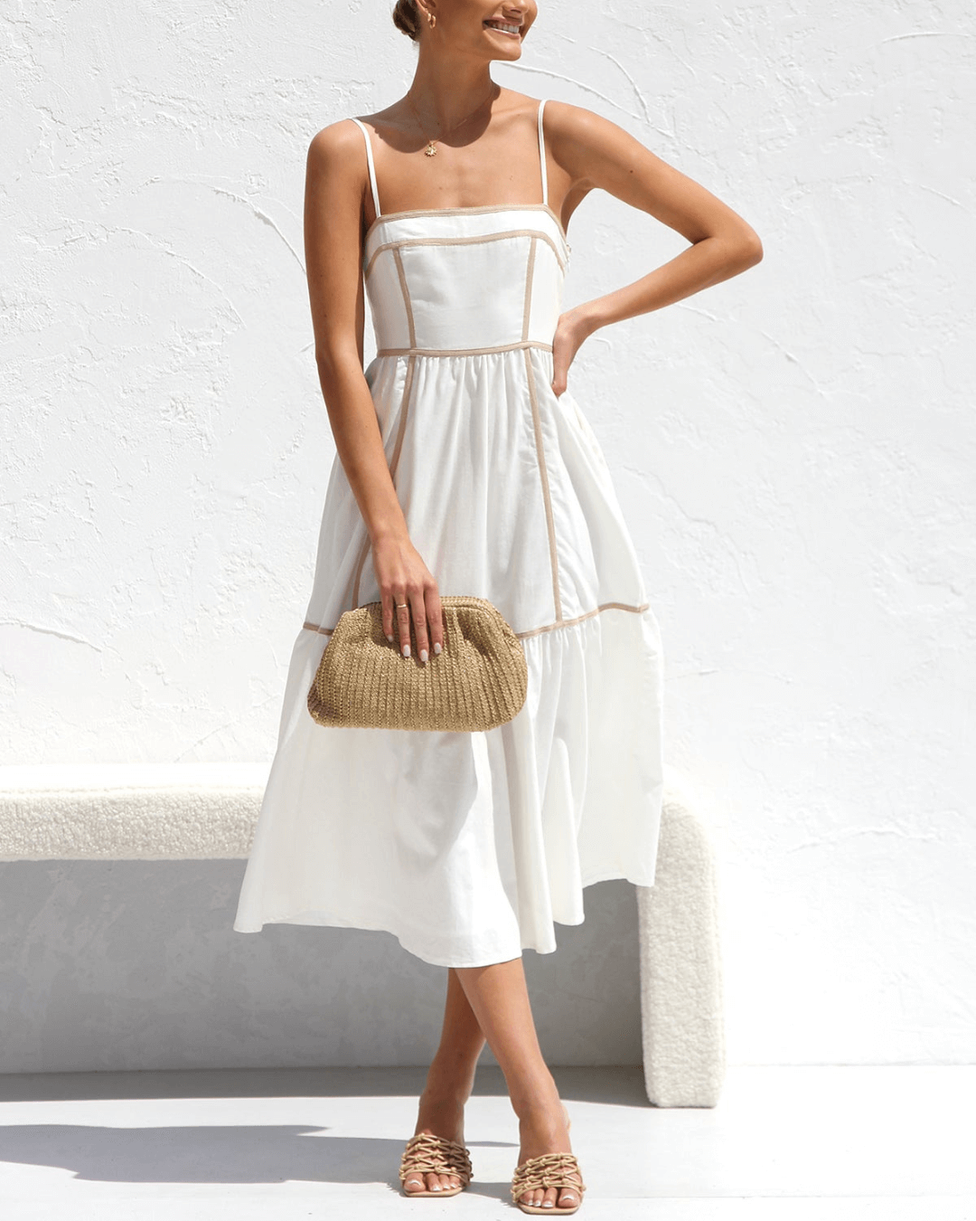 Contrast Taupe Trimming Midi Dress - Fashionpara