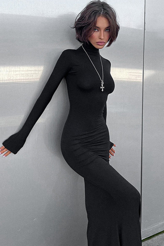 Trendy High Neck Long Sleeve Bodycon Maxi Dress