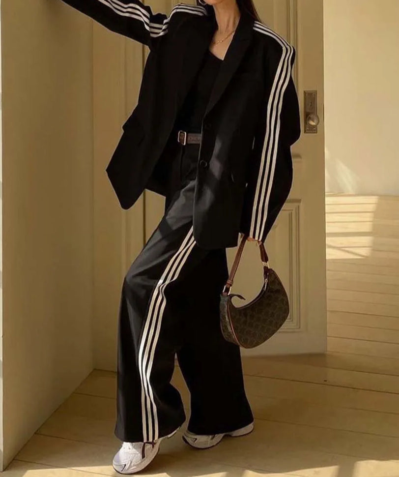 Black Patchwork High Waist Trousers Office Two Piece Set