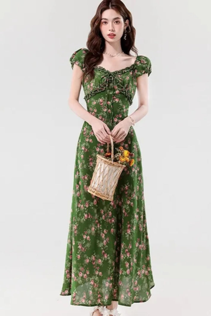 Floral Print Sweetheart Ruffle Puff Sleeve A-Line Maxi Dress