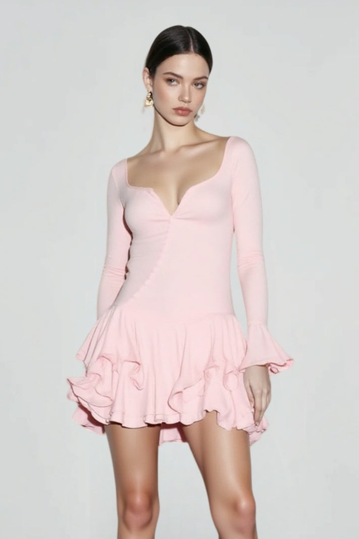 V-Neck Long Sleeve Button Front Drop Waist Ruffle Mini Dress 3