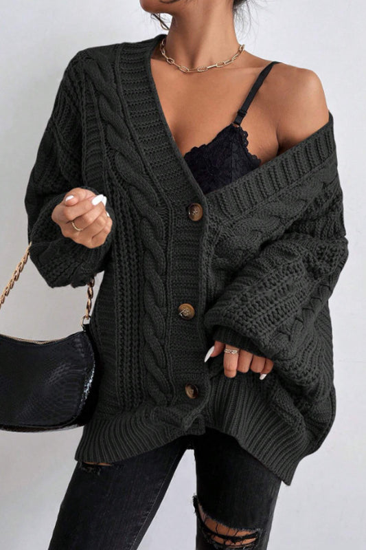 Vintage Cable Knit V-Neck Cardigan with Balloon Sleeves