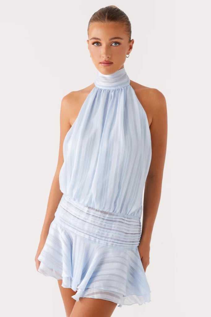 Satin Halter Neck Ruched Ruffle Hem Mini Dress - View 18