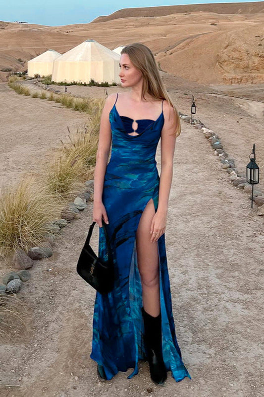 Tie-Dye Cowl Neck Keyhole Satin Maxi Dress