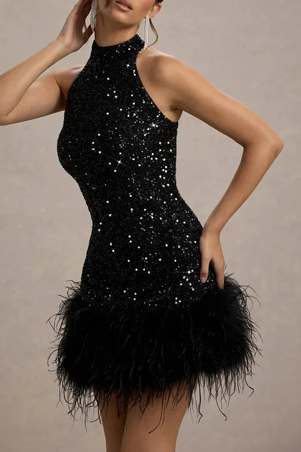 Sequin High Neck Sleeveless Feather Hem Bodycon Mini Dress