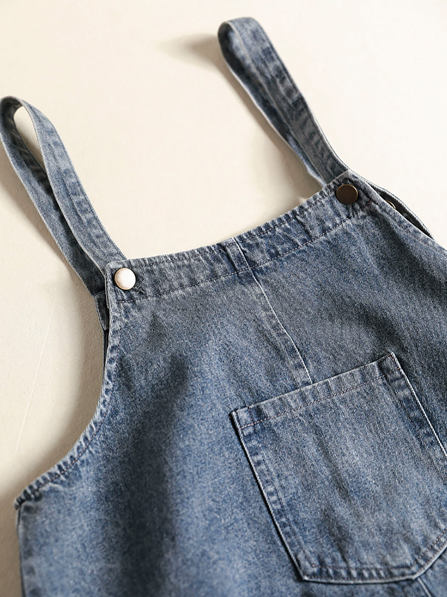Denim Bib Front Overall Strap Pocket A-Line Maxi Jumper Dress - View 6