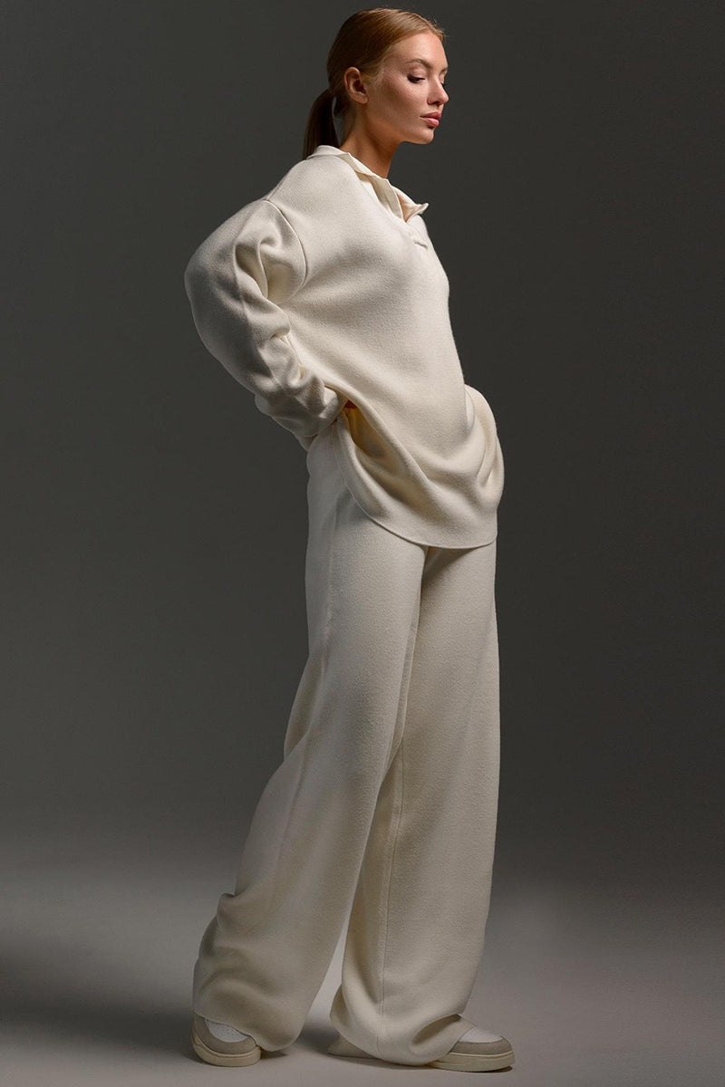 Polo Collar Knit Pullover Wide-Leg Pants Two Piece Set