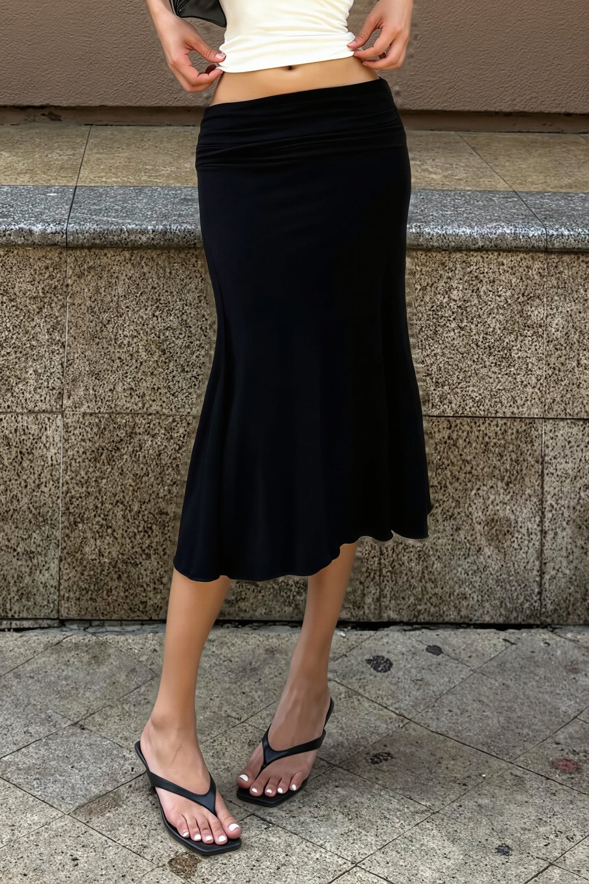 Black Ruched Low Waist Fishtail Midi Skirt