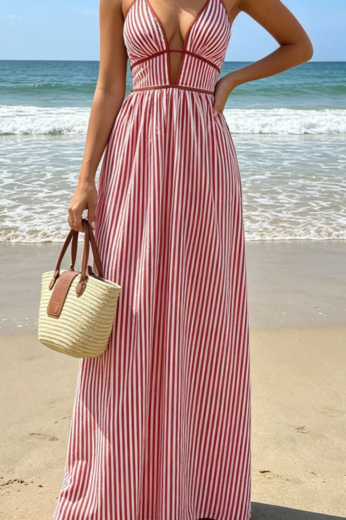 Striped Deep V Strappy Backless Maxi Dress 3