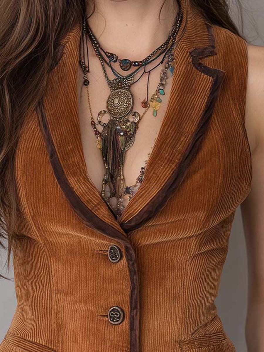 Retro Bohemian Contrast Piping Corduroy Slim Vest - Fashionpara