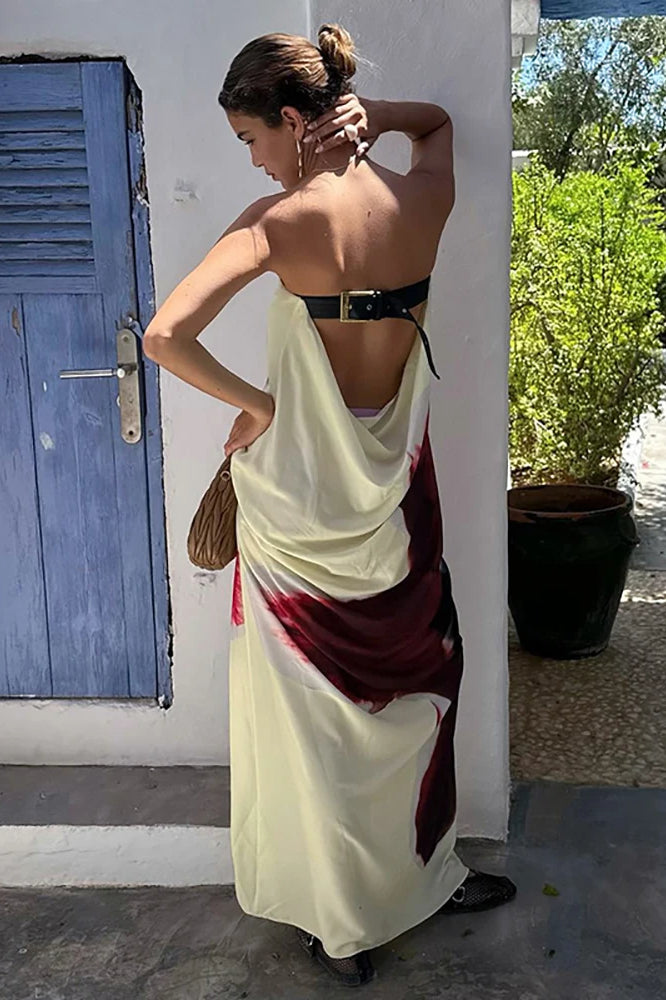 Abstract Print Strapless Satin Slip Maxi Dress