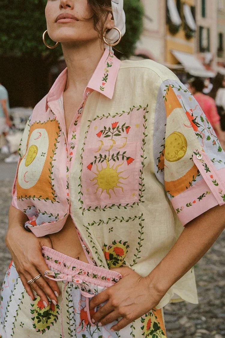 Lily Song Linen Blend Unique Print Short Sleeve Shirt and Belted Pocket Shorts Set - Fashionpara