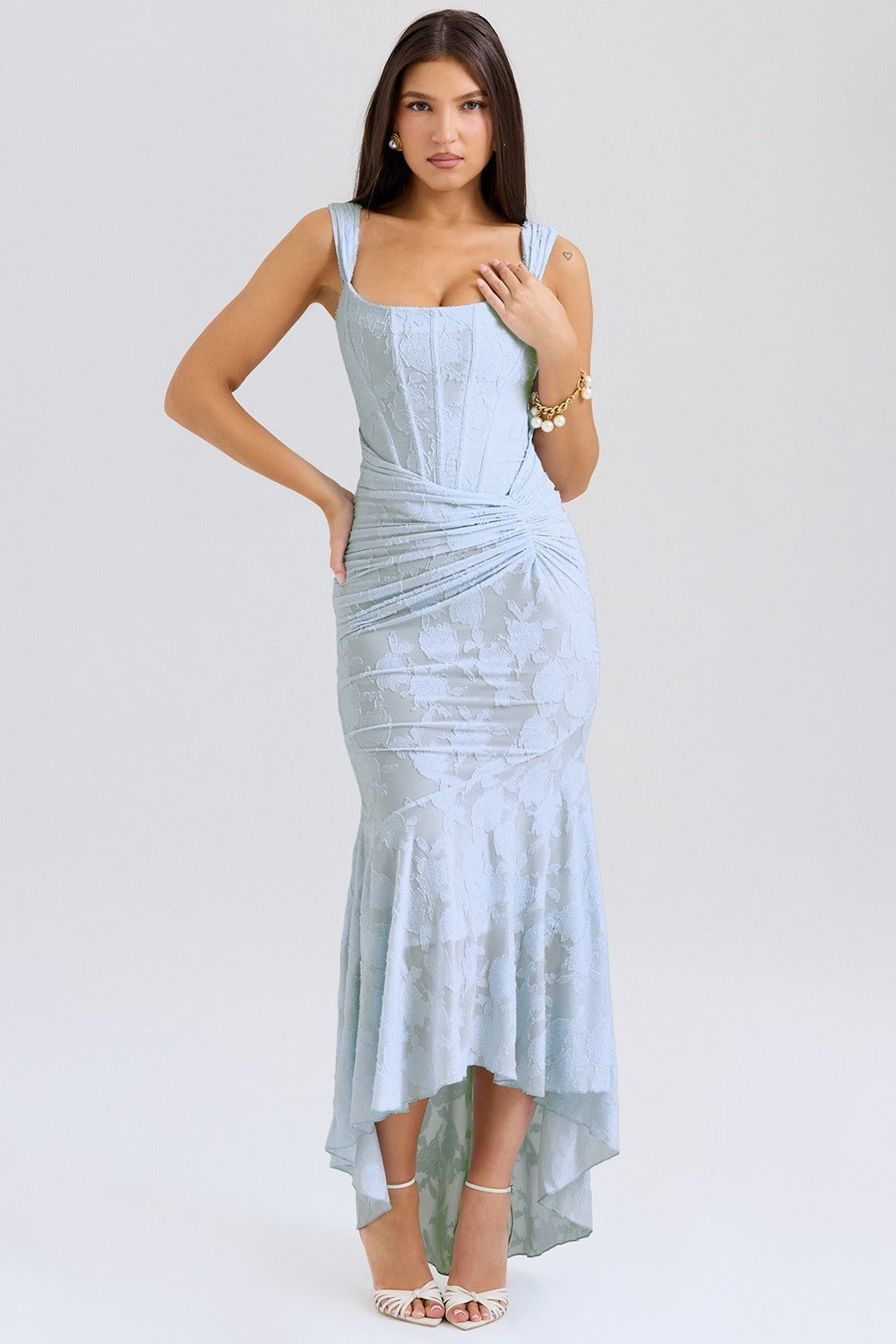 Jacquard Square Neck Corset Ruched Mermaid Gown - View 2