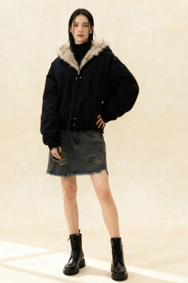 Fur-Trimmed Hooded Bomber Jacket