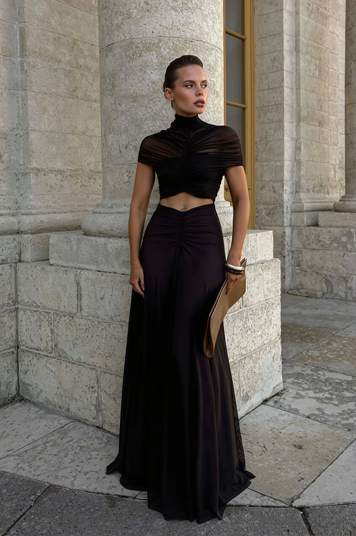 Solid Mock Neck Cape Sleeve Ruched Maxi Dress 9