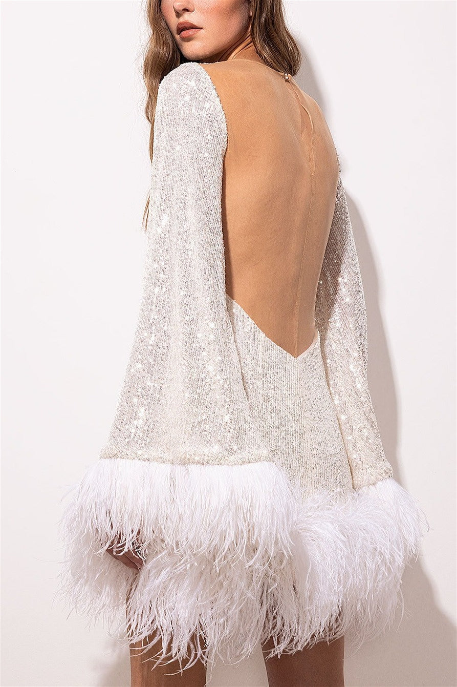 Sequin Long Sleeve Feather Trim Bodycon Mini Dress