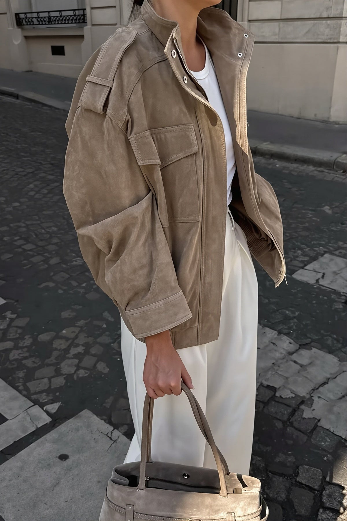 Suede Look Stand Collar Utility Bomber Jacket 2