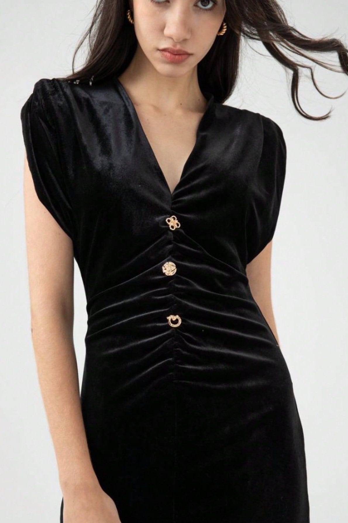 Velvet Ruched V-Neck Bodycon Midi Dress