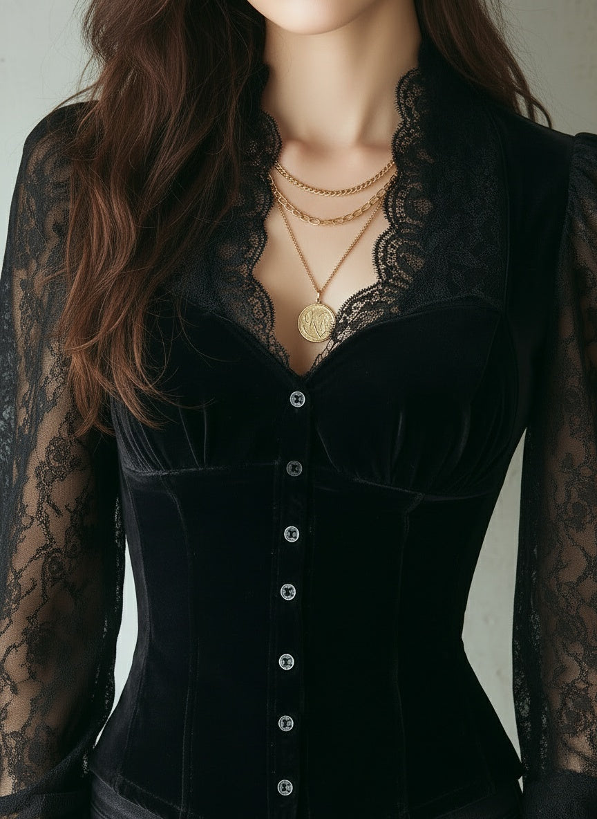 Elegant Black Velvet & Lace Victorian Blouse - Fashionpara
