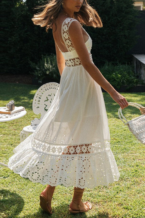 Square Neck Sleeveless Eyelet Lace Crochet Waist Midi Dress - View 7