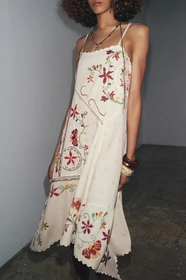 Embroidered Square Neck Spaghetti Strap Slip Midi Dress 6