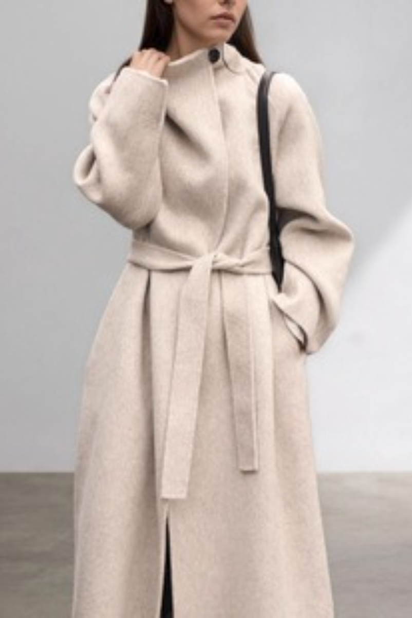 Hepburn Wool Diagonal Button Collar Tied Waist Overcoat - Fashionpara