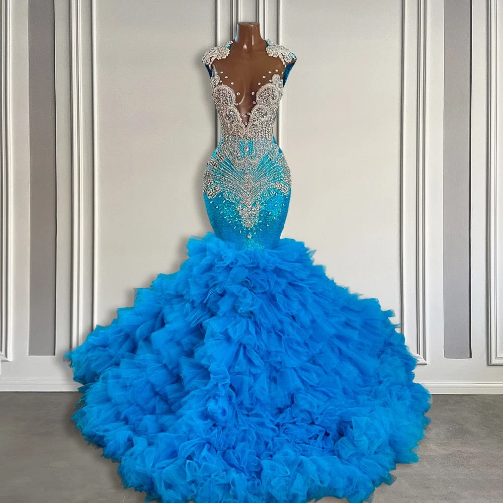 Elegant Ocean Blue Mermaid Tulle Ruffle Formal Dresses Long With Beads - Fashionpara