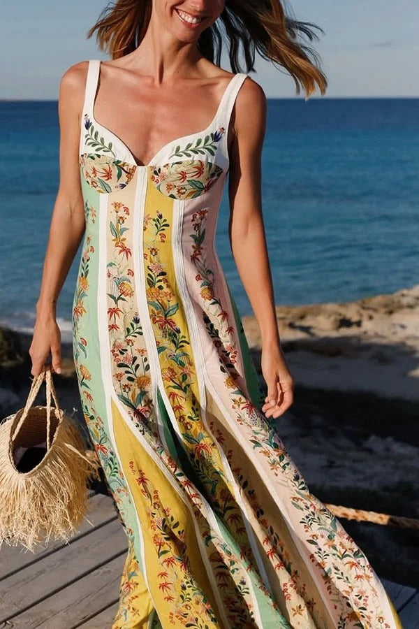 Sweet Garden Linen Blend Color Block Floral Paneled Maxi Dress - Fashionpara