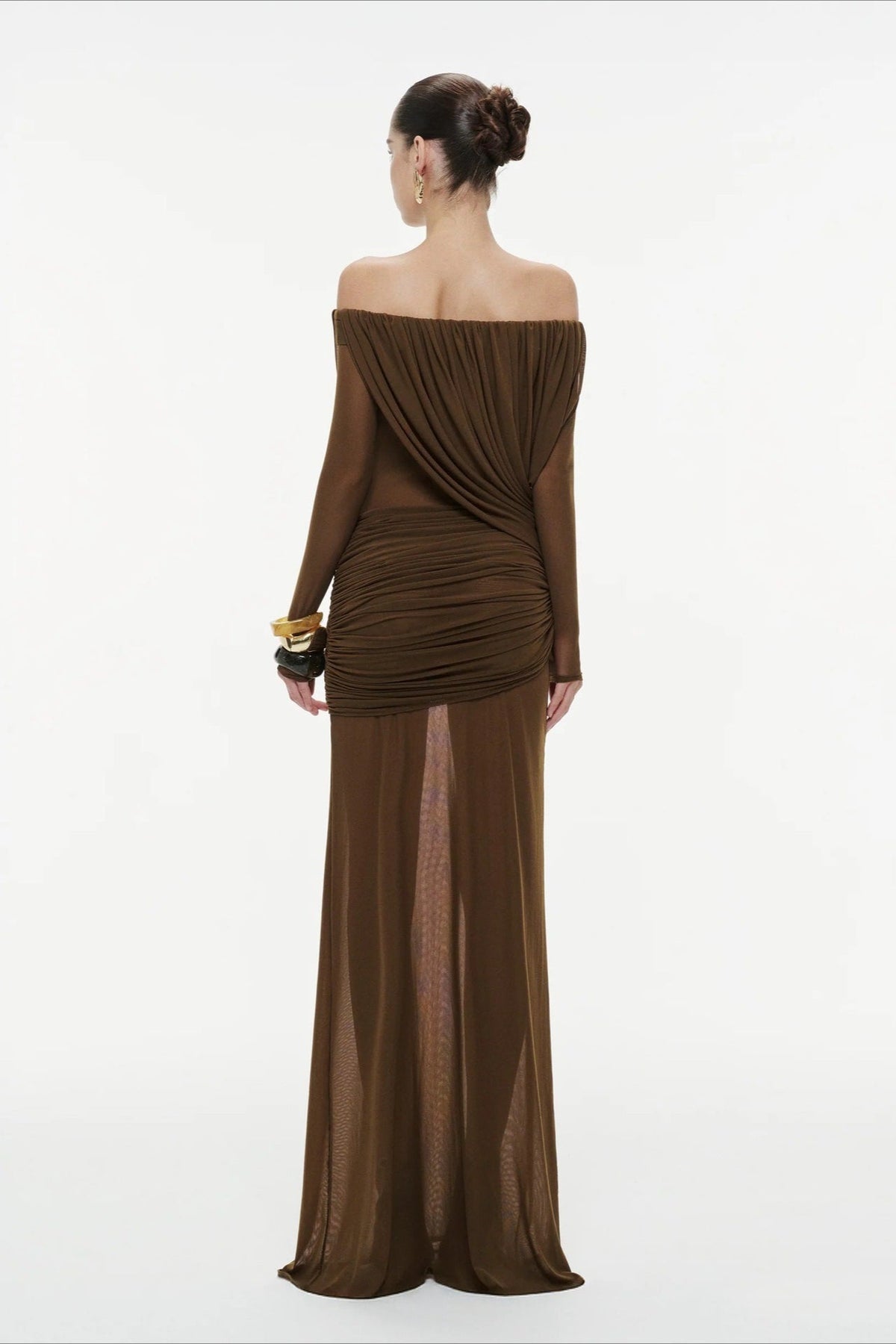 Mesh Off-Shoulder Long Sleeve Draped Column Maxi Gown