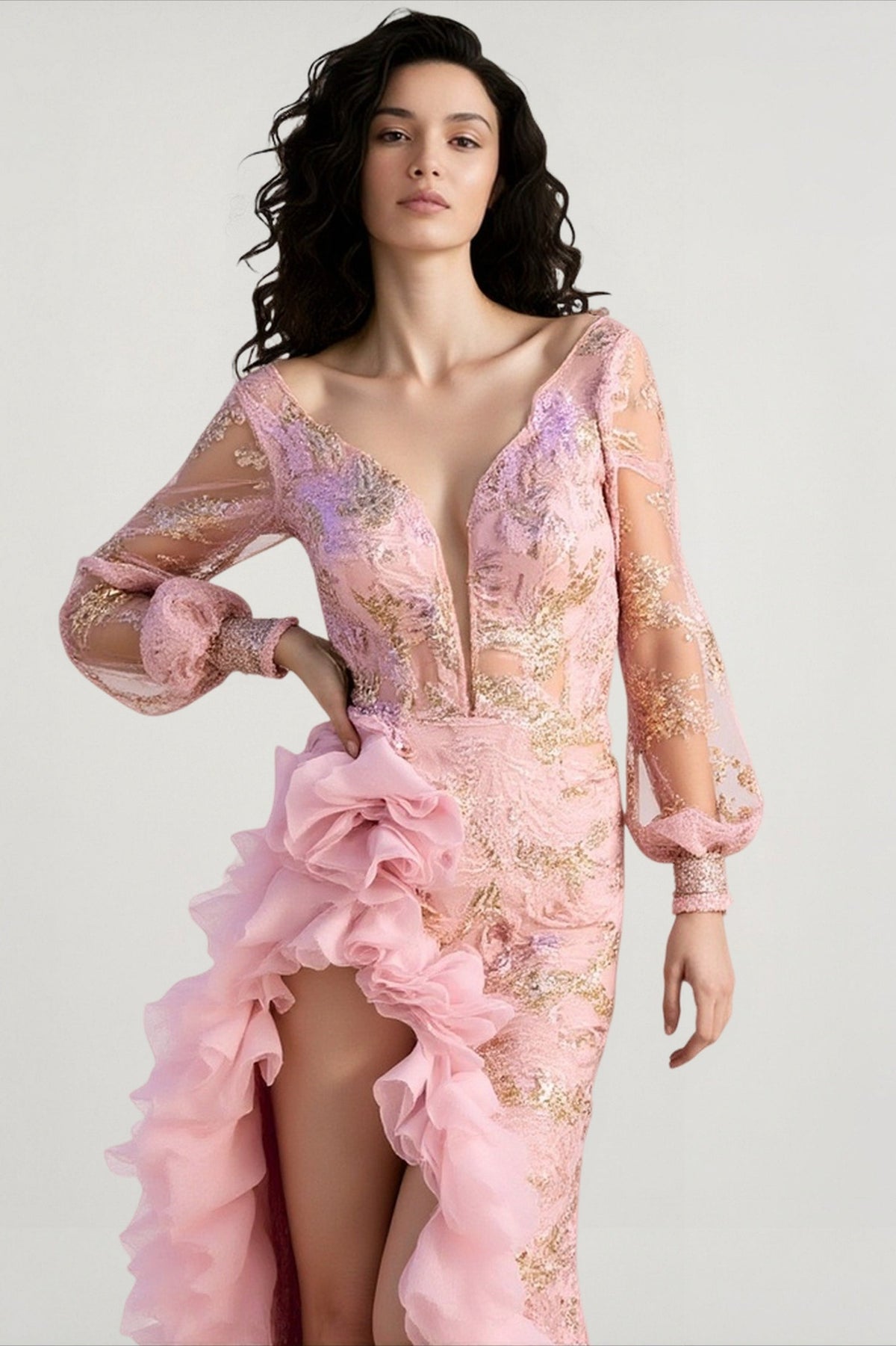 Sequin Deep V-Neck Long Sleeve High Low Gown