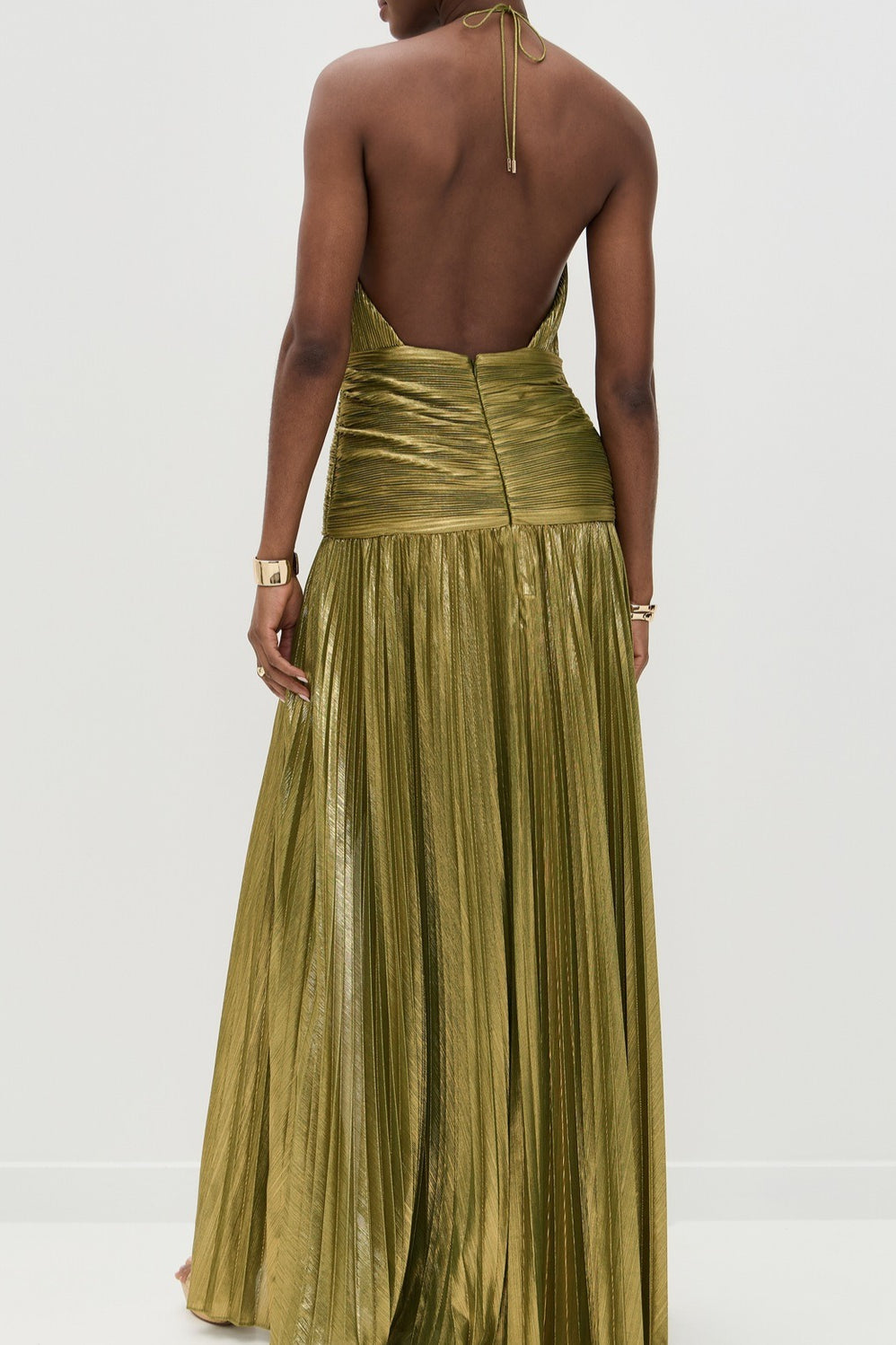 Metallic Pleated Halter Neck High Split Gown