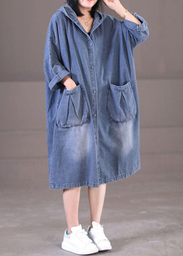 Hooded Denim Button Front Patch Pocket Long Sleeve Midi Dress - View 2
