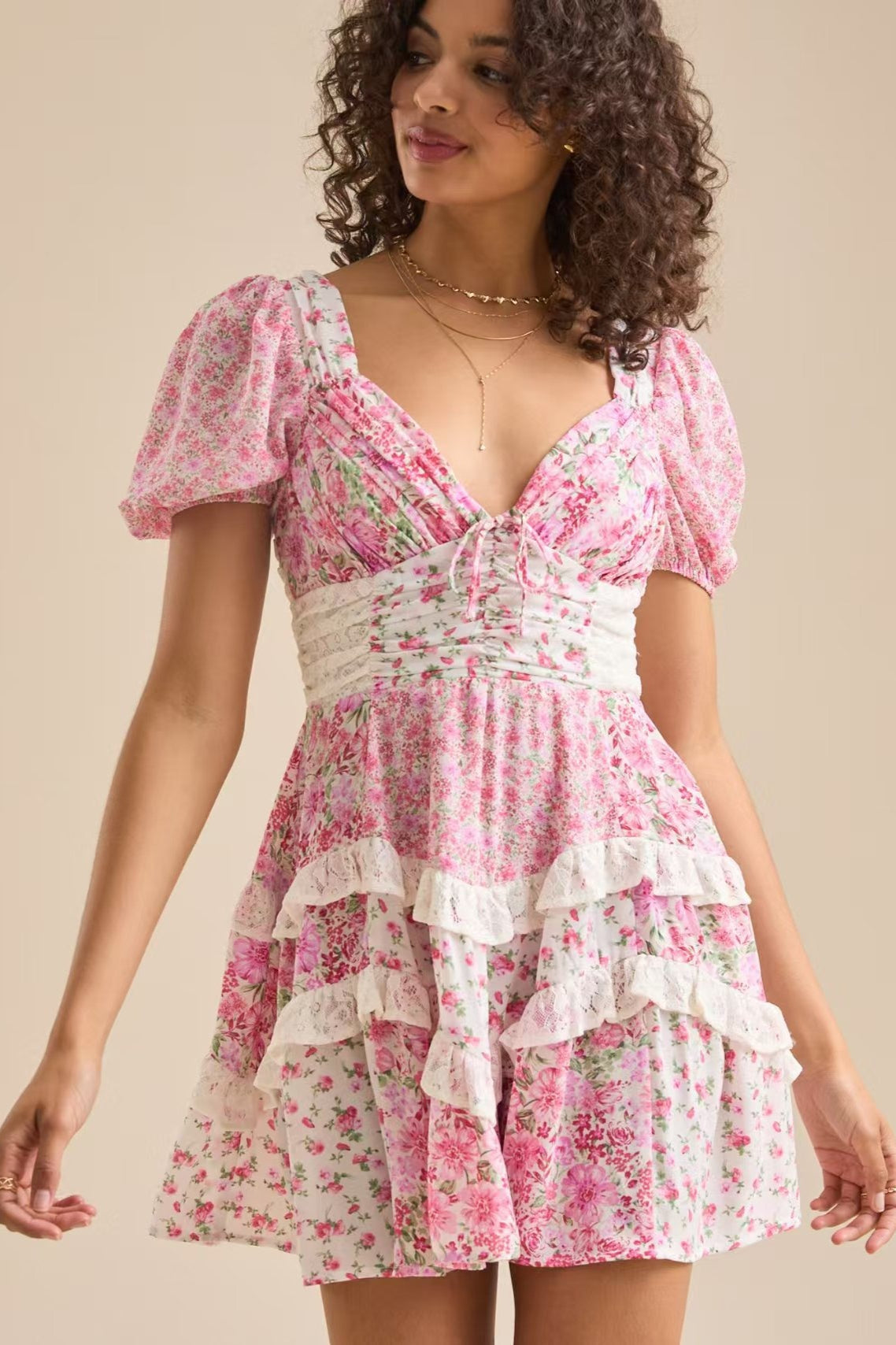 Floral Sweetheart Puff Sleeve Tiered Lace Trim Mini Dress