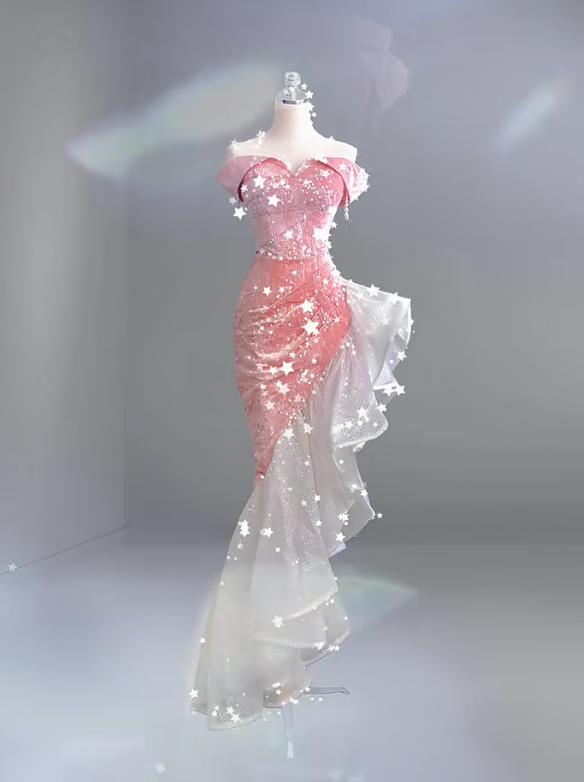 Off The Shoulder Pink Long Prom Dress Evening Party Dress - Fashionpara