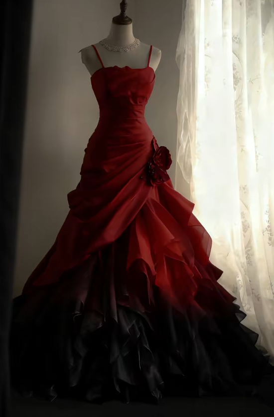 Burgundy Black Long Prom Dress Pleaded Evening Dress - Fashionpara