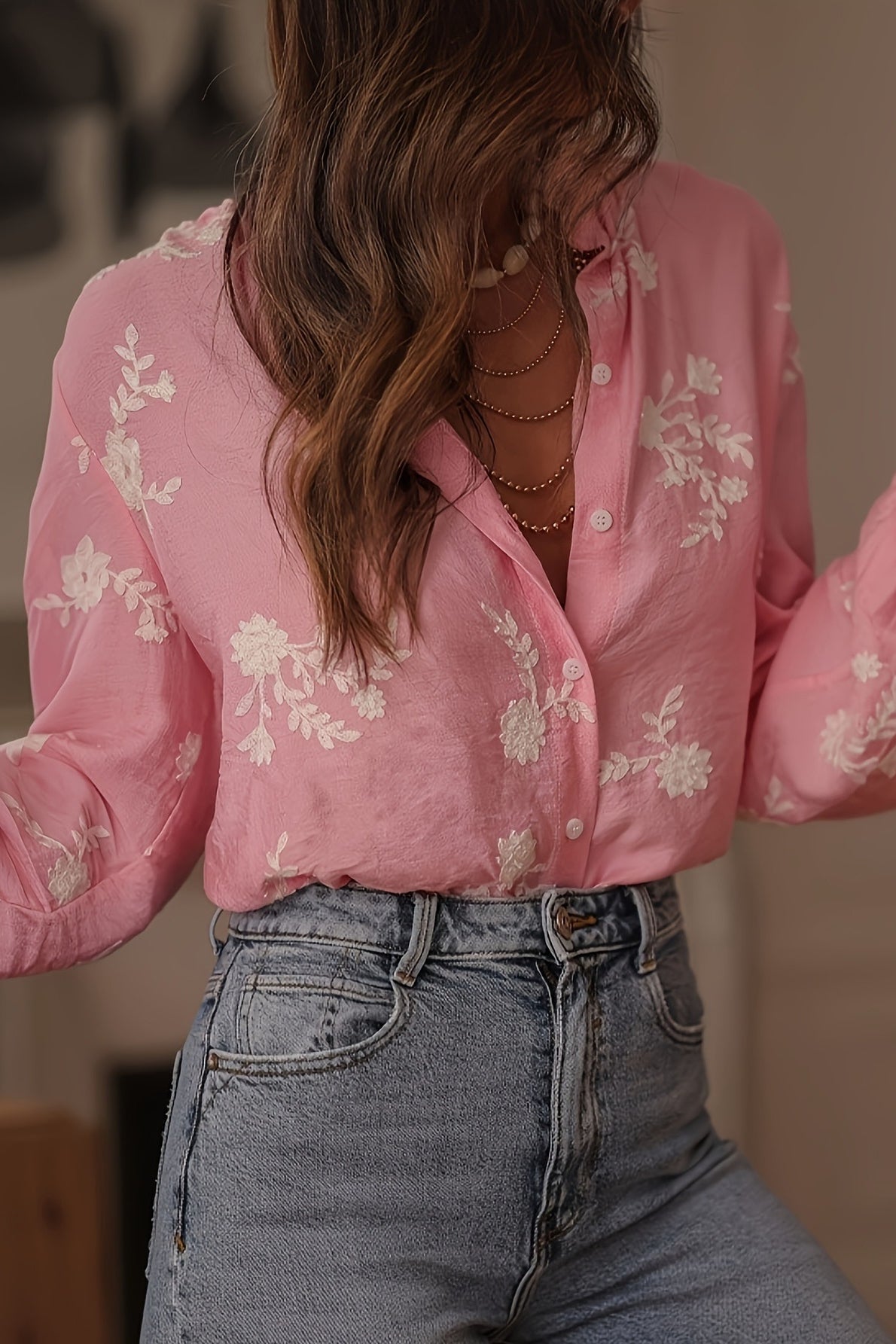 Long Sleeve Printed Lantern Sleeve Blouse