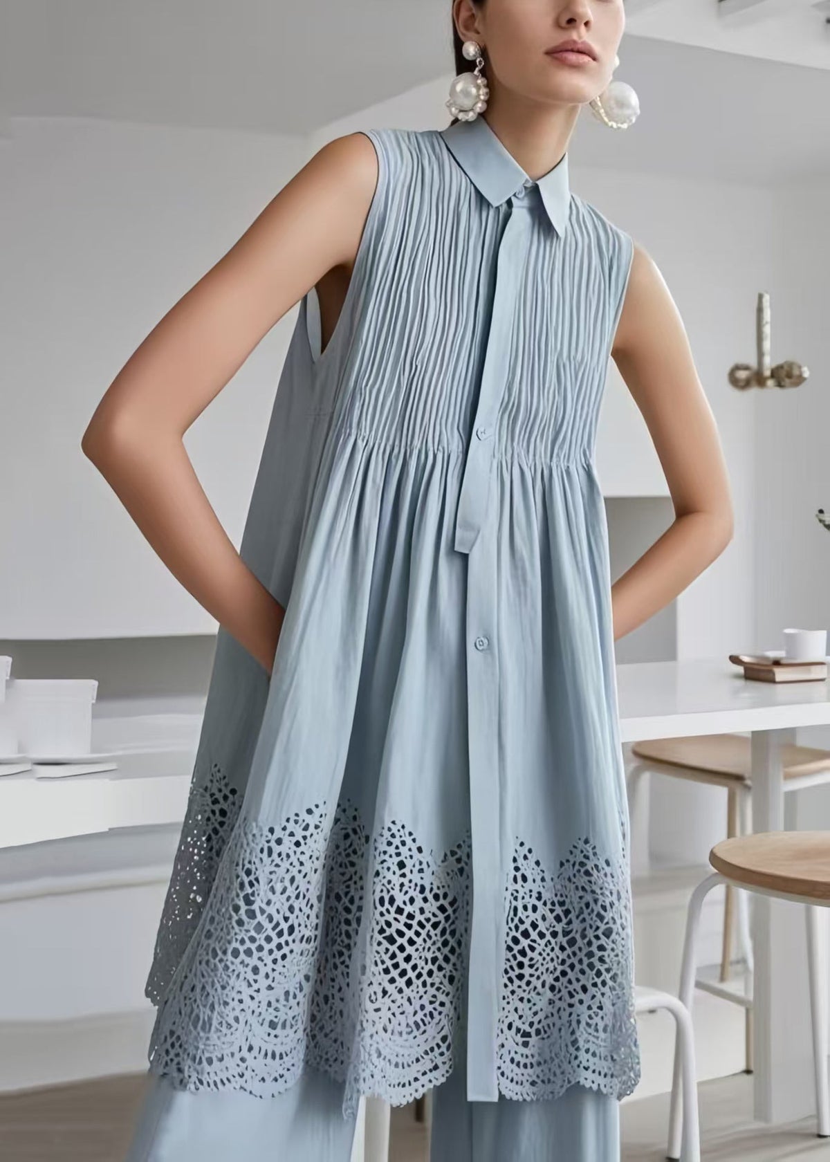 Collar Button Down Pintuck Pleated Babydoll Eyelet Hem Mini Dress - View 2