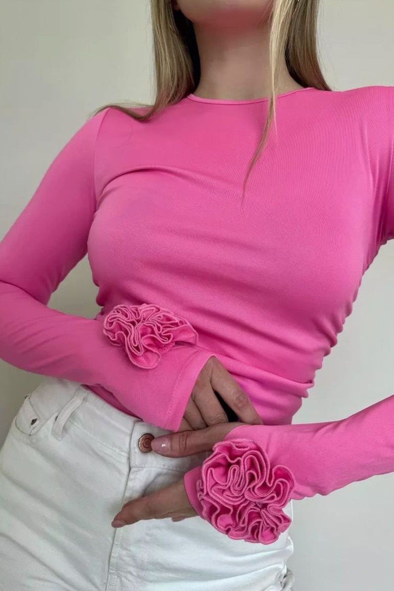 3D Floral Slim-Fit Long Sleeve Blouse