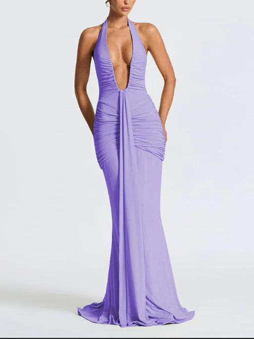 Solid Color Halter Neck V-Neck Backless Fishtail Party Dress - Fashionpara