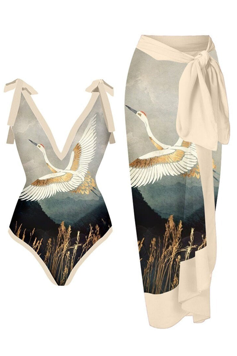 White Crane Print Deep V-Neck One Piece Swimsuit With Cover Up - Fashionpara