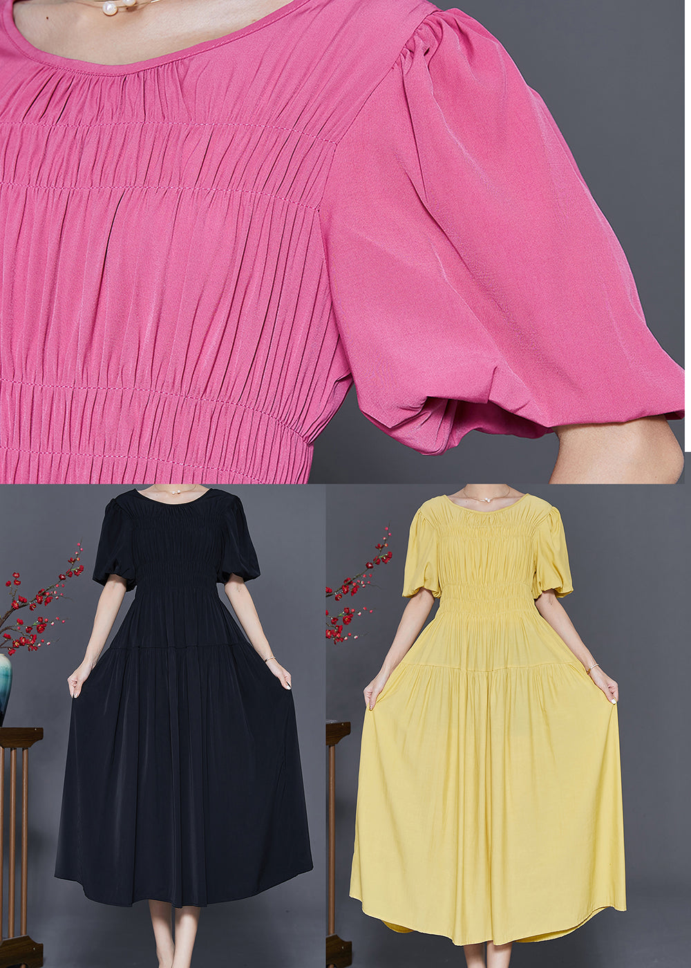 Smocked Bodice Scoop Neck Puff Sleeve Tiered A-Line Maxi Dress - View 5