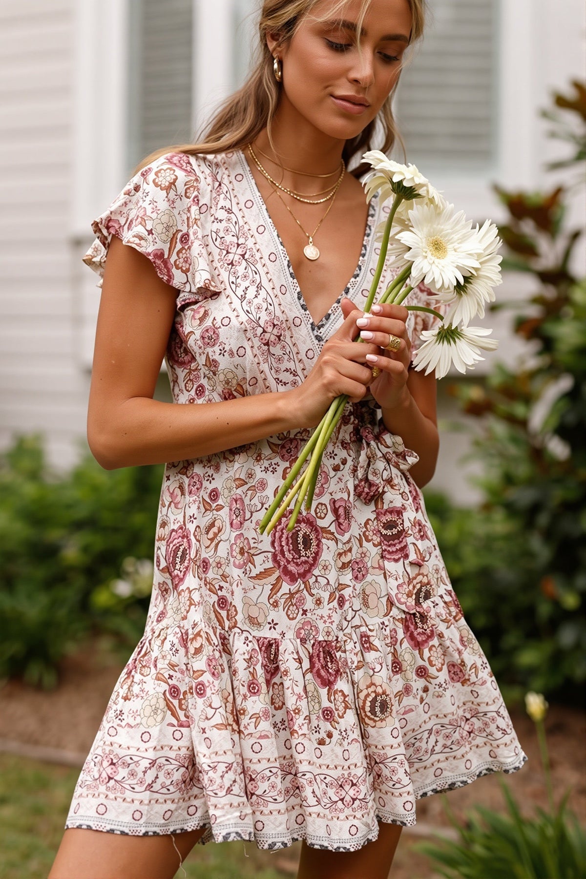 Floral Wrap V-Neck Flutter Sleeve Ruffle Mini Dress