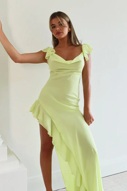 Satin Cowl Neck Ruffled Slit Maxi Dress