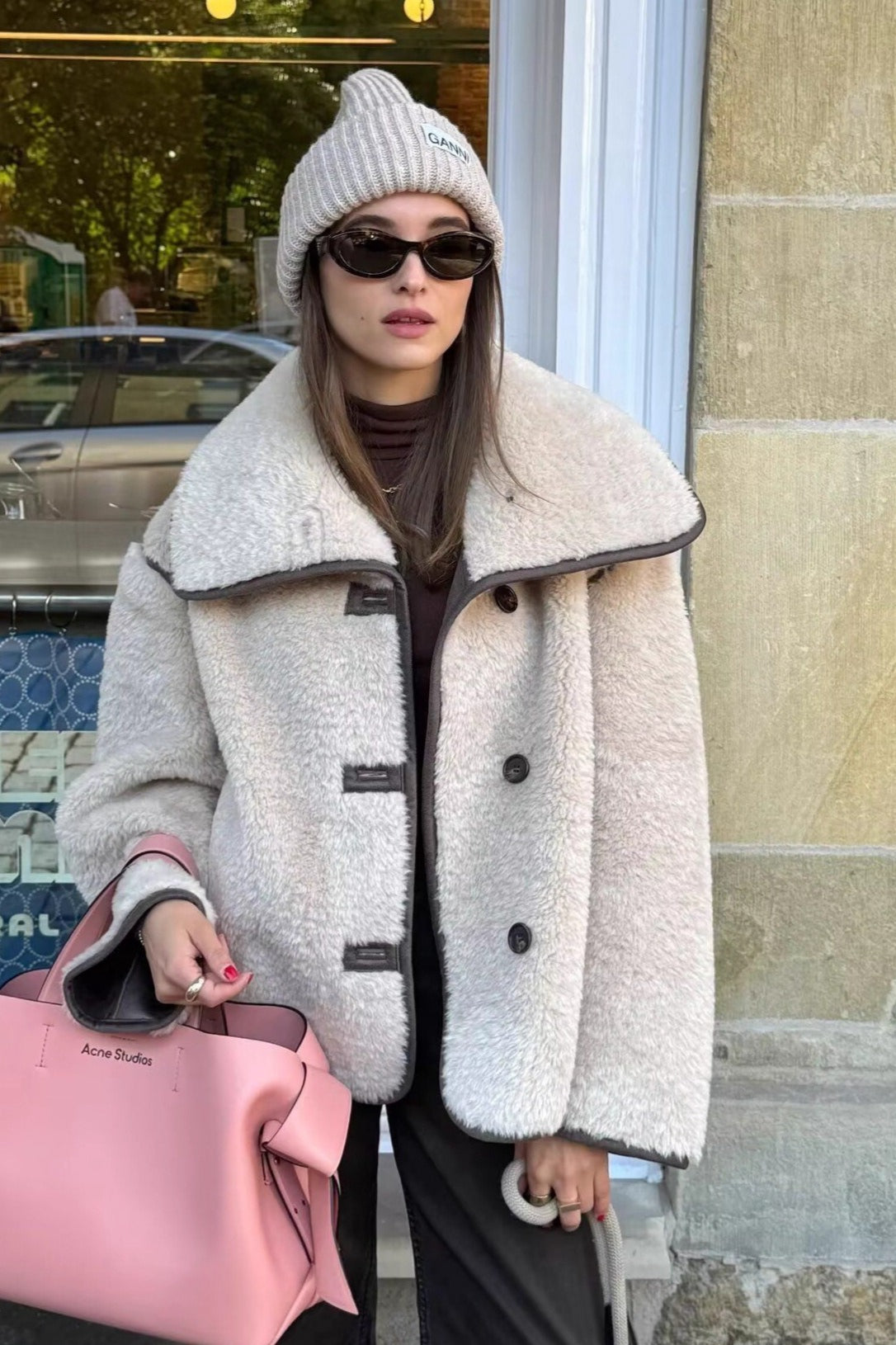 Oversized Sherpa Collar Plush Coat - Fashionpara