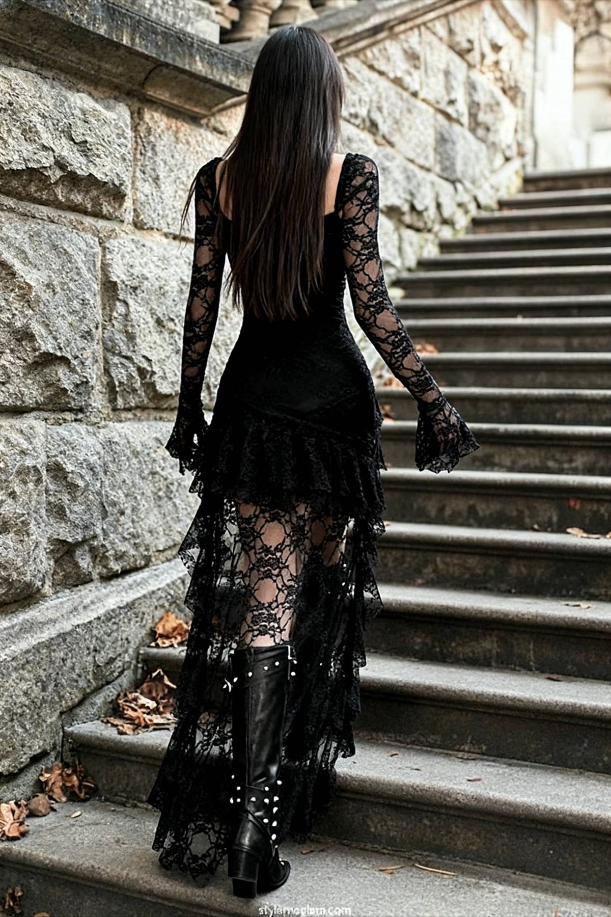 Lace Square-Neck Flared Sleeve High-Low Mini Dress