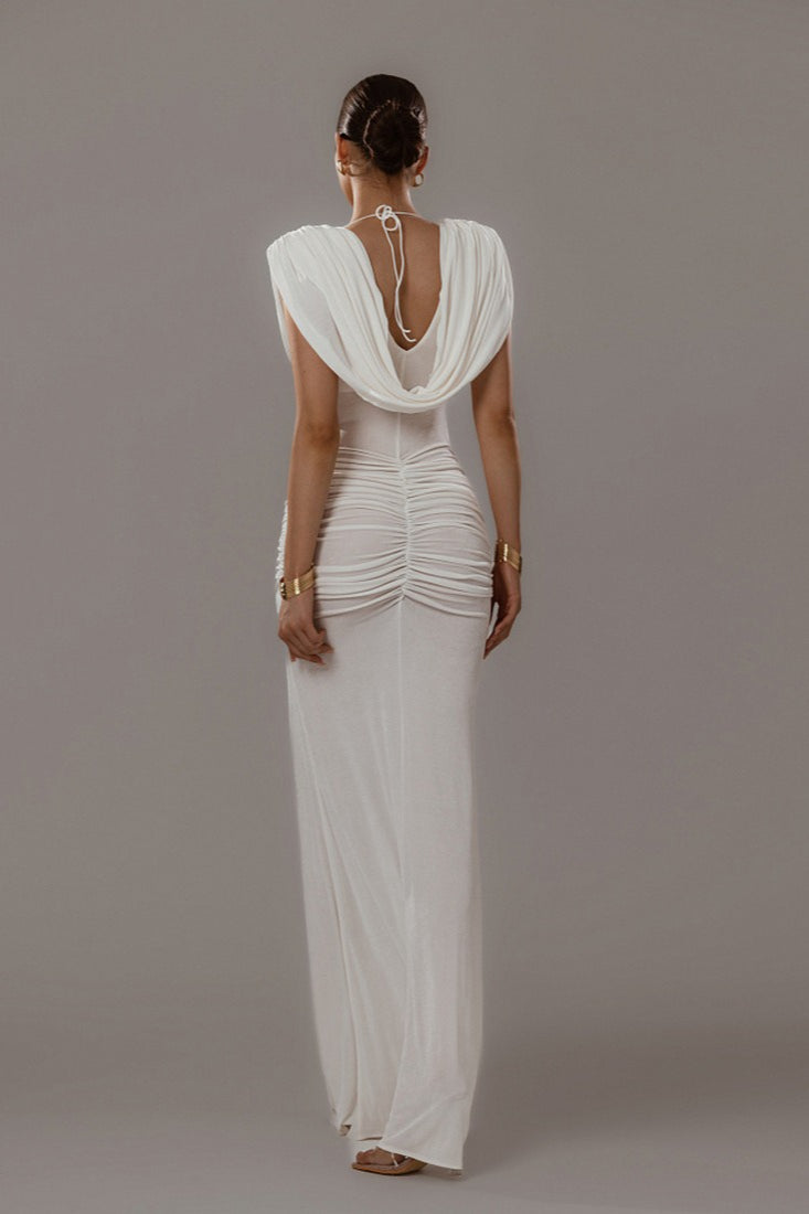 Cowl Neck Draped Ruched Bodycon Mermaid Maxi Dress