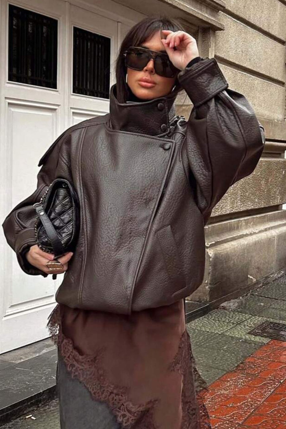Oversized Stand Collar Faux Leather Jacket 5